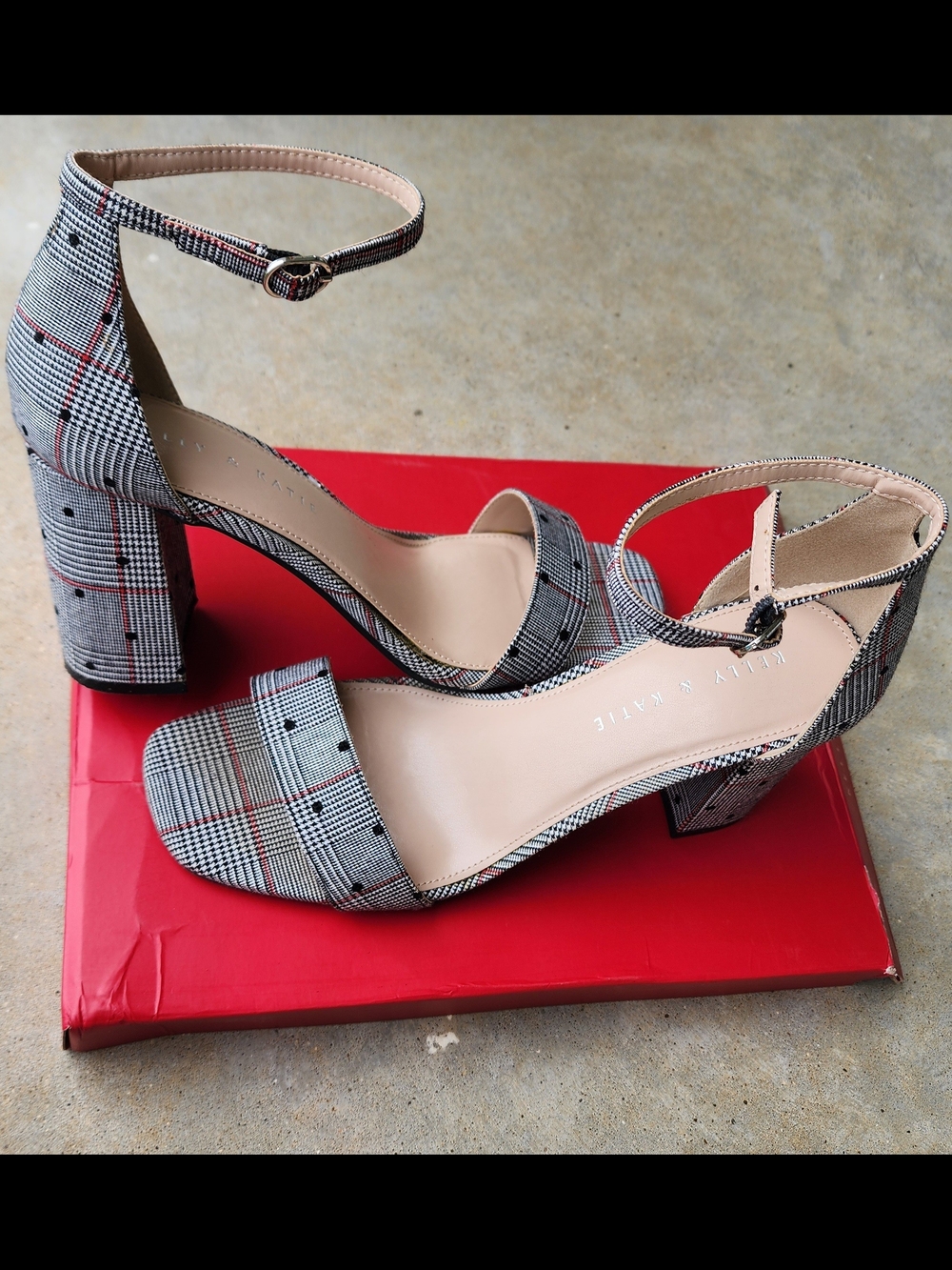 Kelly & Katie Grey Plaid Ankle-Strap Block Heels